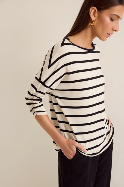 Blusa malha listra manga bege natural
