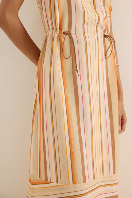 Vestido detalhe amarração listra verão bege areia