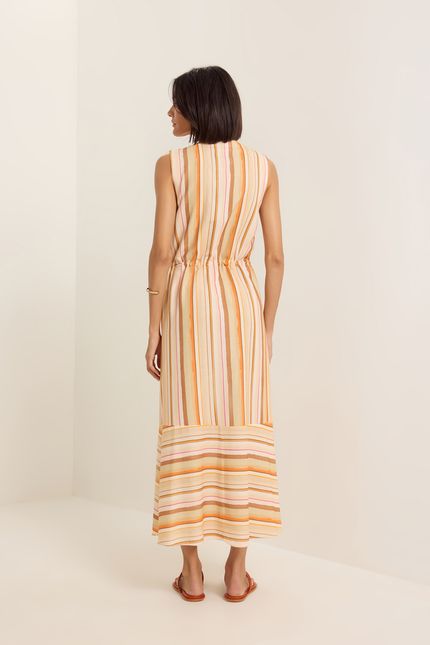 Vestido detalhe amarração listra verão bege areia