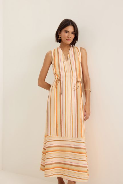 Vestido detalhe amarração listra verão bege areia