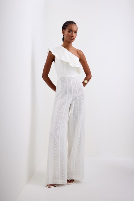 Macacão festa jabot crochê off white