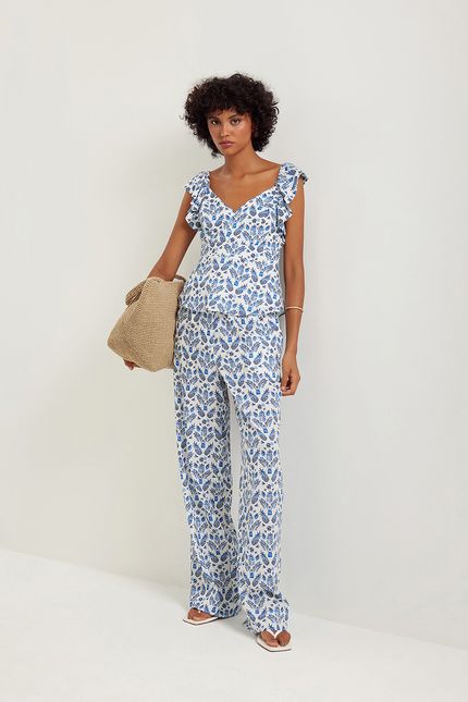Blusa jabot férias azul topazio