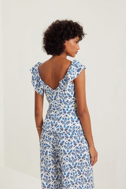 Blusa jabot férias azul topazio