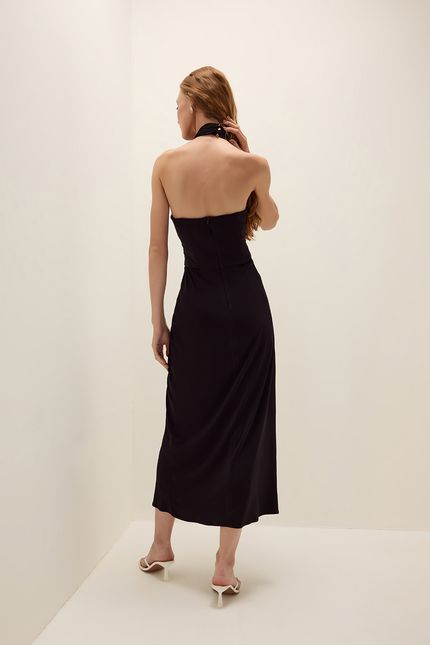 Vestido festa malha torção decote preto