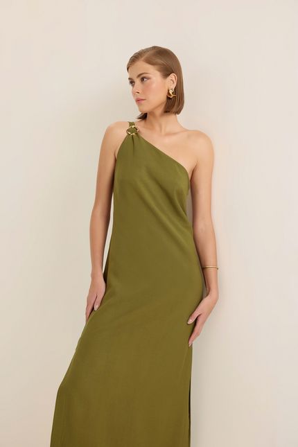 Vestido cupro fivela orgânica verde mata