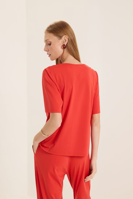 Blusa jersey ombro detalhe vermelho paprica