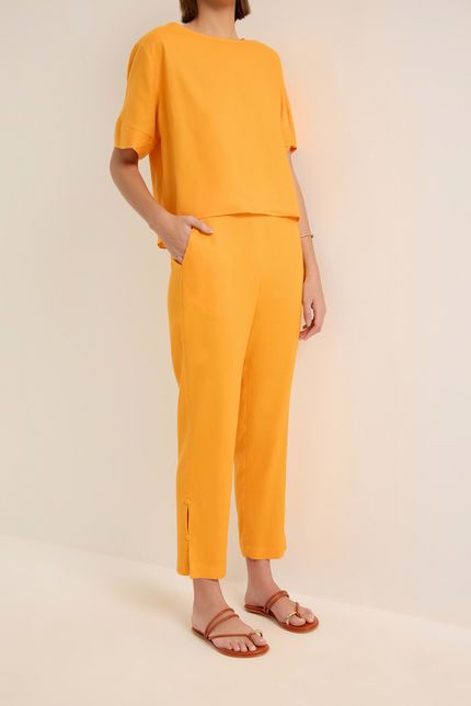 Calça linho elástico costas laranja sunset