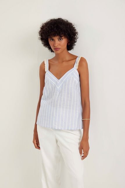 Blusa linho fio tinto listra azul ceu c/ off white