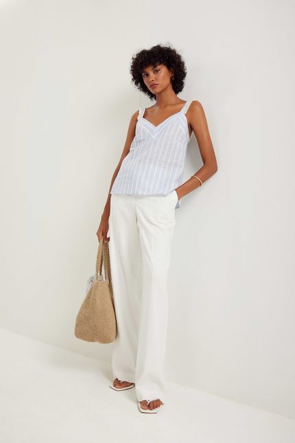 Blusa linho fio tinto listra azul ceu c/ off white