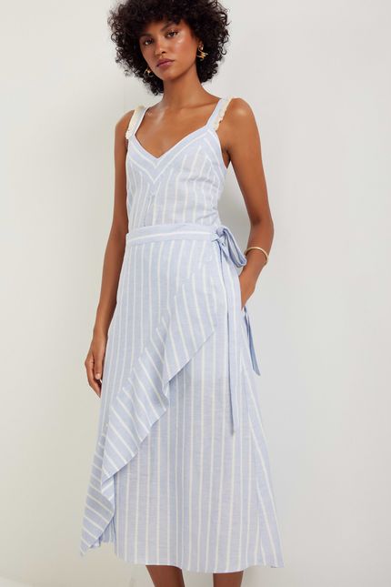 Saia linho fio tinto listra azul ceu c/ off white
