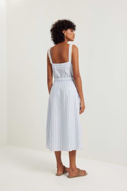 Saia linho fio tinto listra azul ceu c/ off white