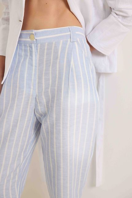 Calça linho fio tinto listra azul ceu c/ off white