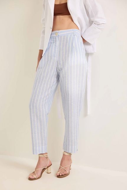 Calça linho fio tinto listra azul ceu c/ off white