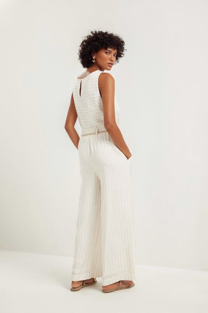 Calça linho maquinetado listras off white