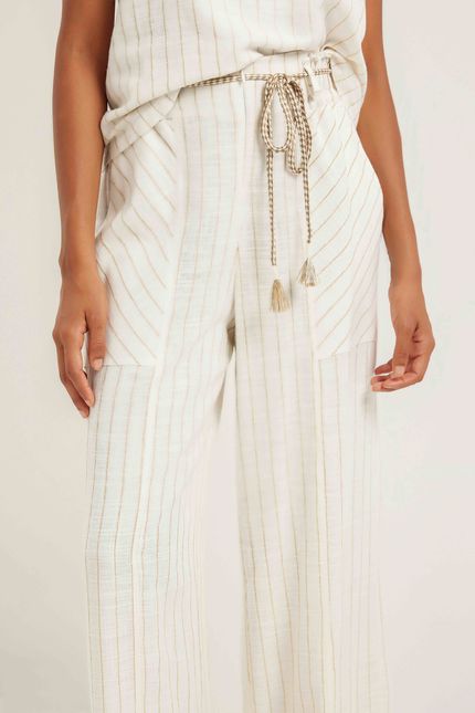 Calça linho maquinetado listras off white