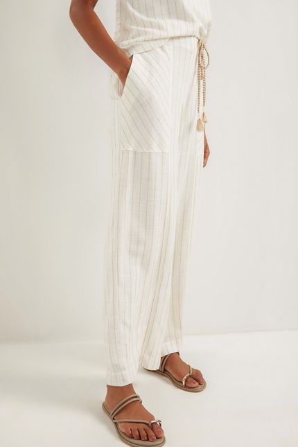 Calça linho maquinetado listras off white