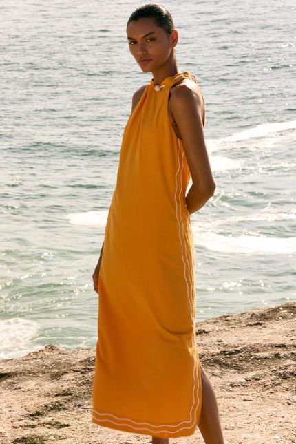 Vestido viscolinho bordado laranja sunset