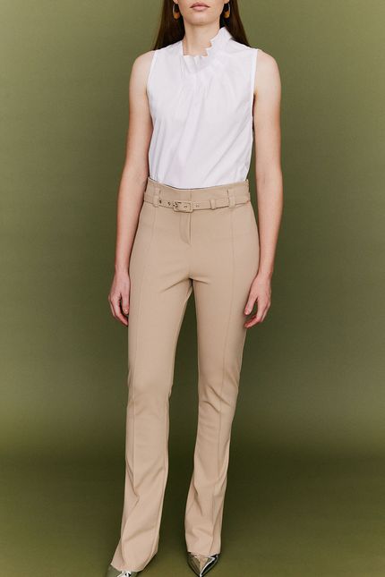 Calça alfaiataria cinto block bege sisal