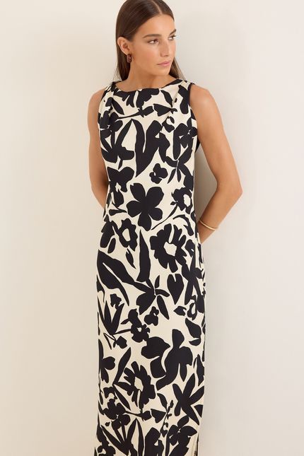 Vestido torção botânica  botanica bege aveia c/ preto