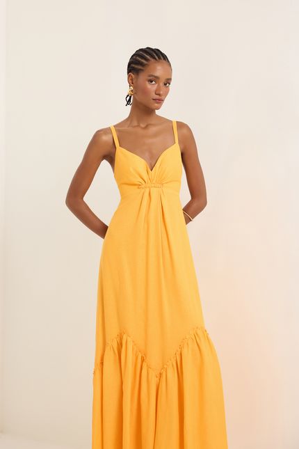 Vestido cambraia ferragem amarelo ouro