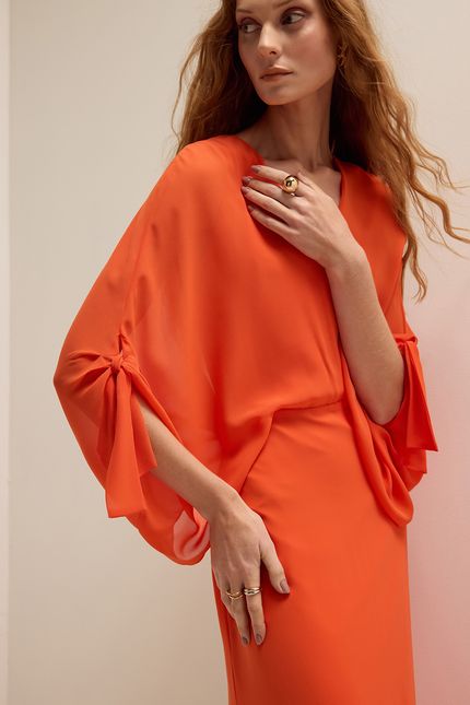 Vestido festa transpasse laço laranja suco