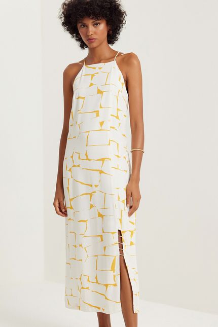 Vestido alça azulejo azulejo amarelo ouro