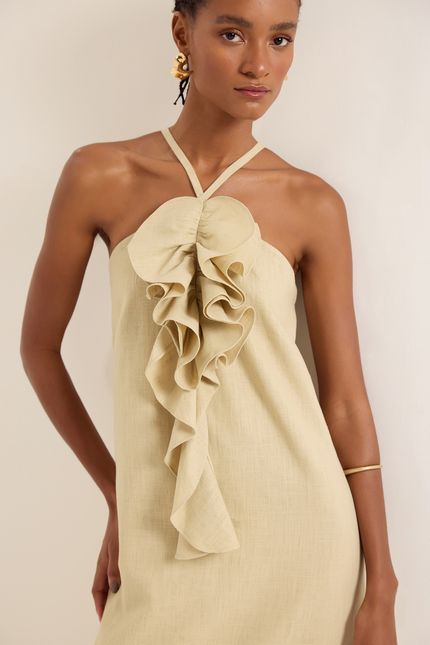 Vestido rami flor  bege granola