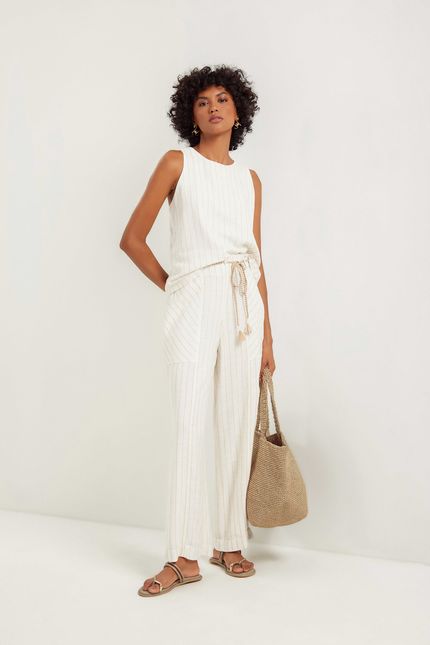 Blusa linho maquinetado listras off white