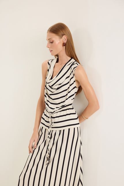Vestido malha listra linho degagê bege natural