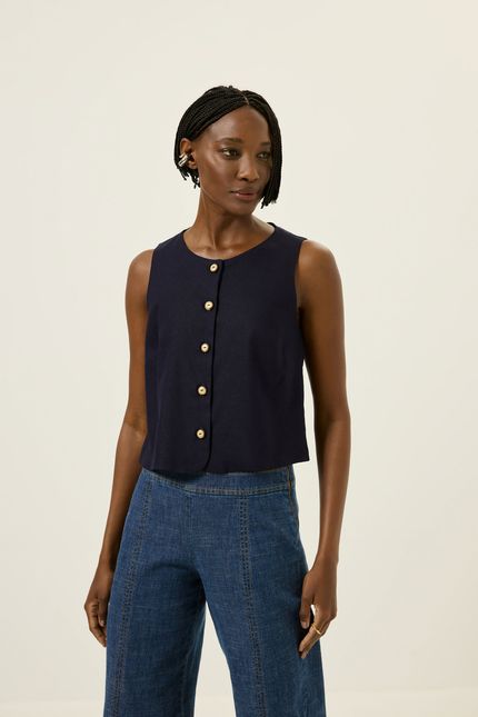 Blusa linho botões azul rock
