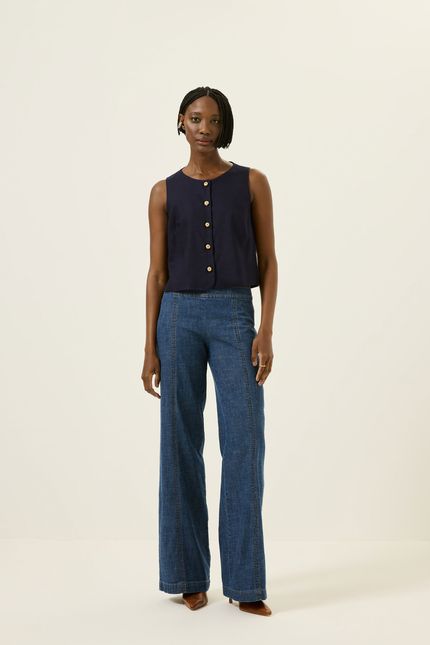 Blusa linho botões azul rock