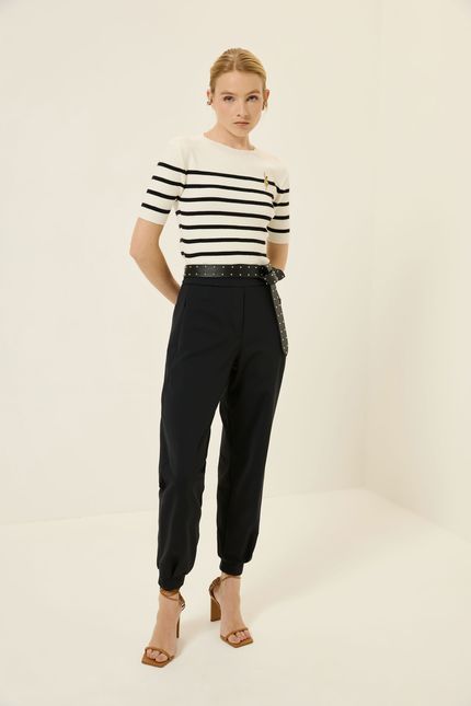 Blusa tricot mc listras preto com off white