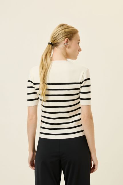 Blusa tricot mc listras preto com off white