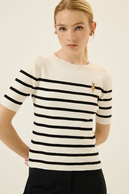 Blusa tricot mc listras preto com off white
