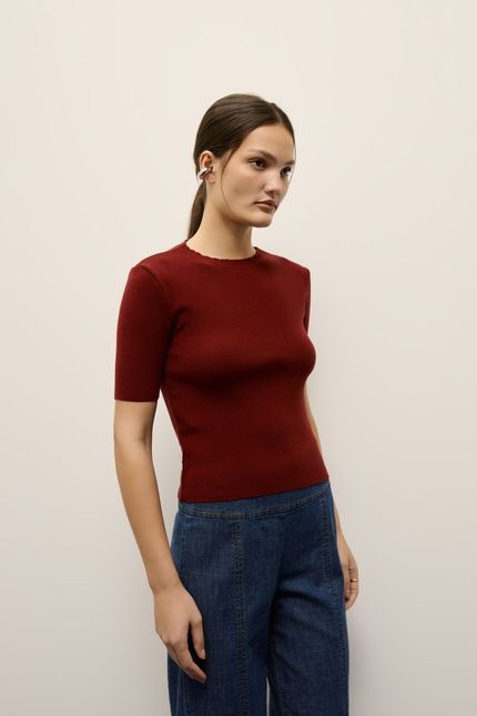 Blusa tricot manga curta vinho tango