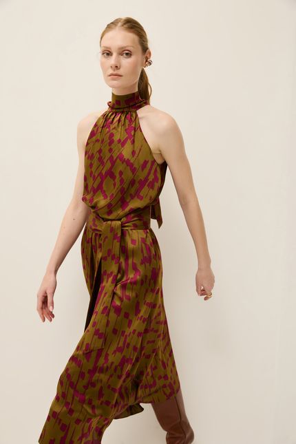 Vestido gola amarração flautas verde indie