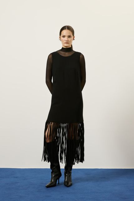 Vestido crepe franja viés preto