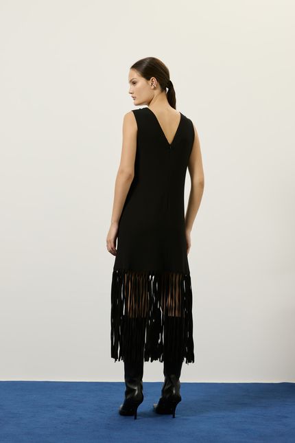 Vestido crepe franja viés preto