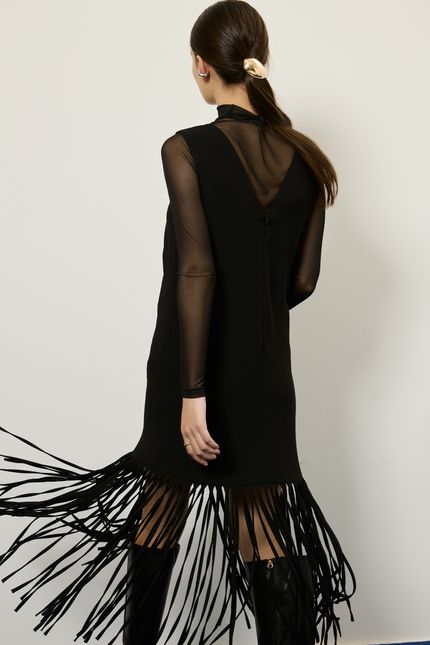 Vestido crepe franja viés preto