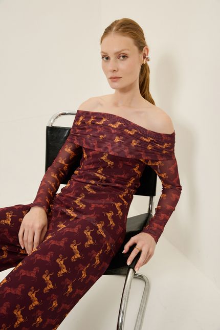 Blusa tule ombro rodeio vinho tango