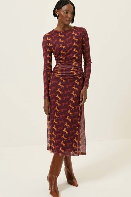 Vestido tule franzido rodeio vinho tango