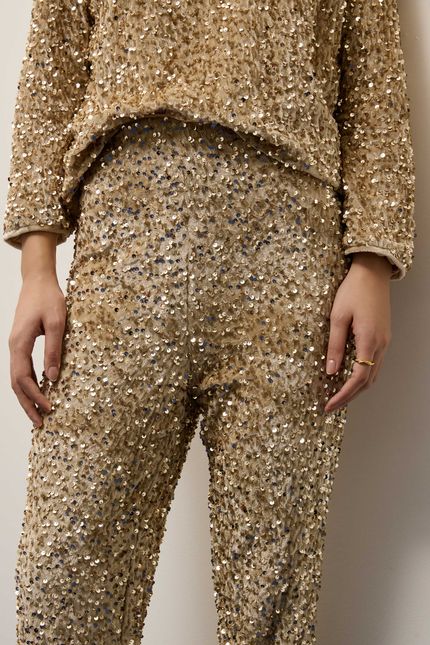 Calça veludo velvet paetê bege regional