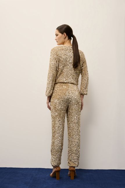 Calça veludo velvet paetê bege regional