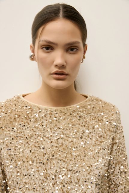 Blusa veludo velvet paetê bege regional