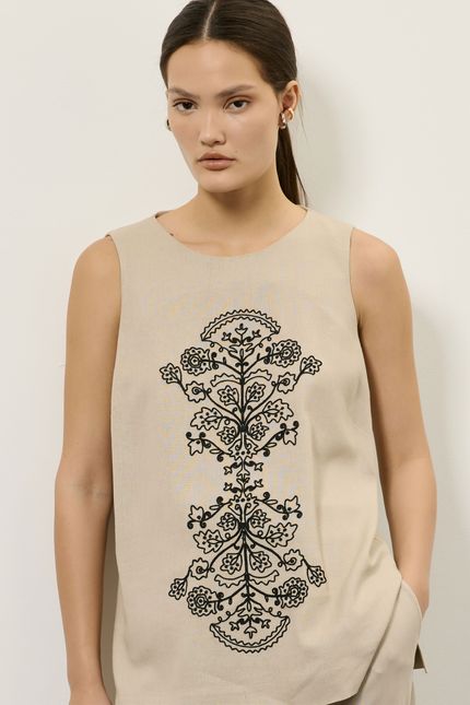 Blusa linho bordado maria bonita bege opera