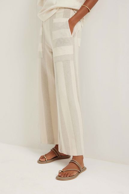Calça pantacourt linen listrada bege natural