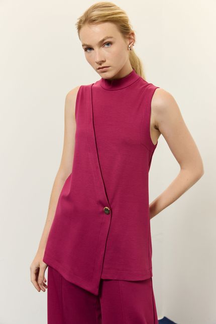 Blusa malha dobra detalhe rosa mambo