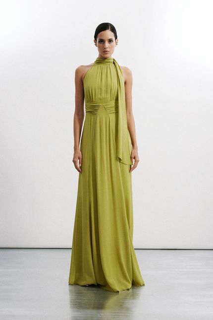 Vestido festa gola amarração verde aguapes