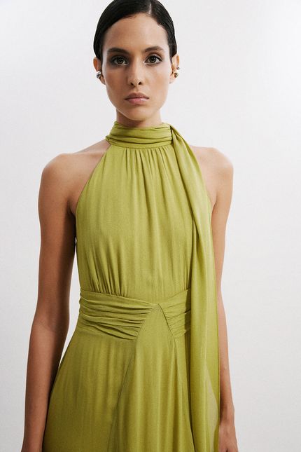 Vestido festa gola amarração verde aguapes