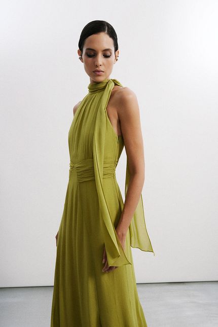 Vestido festa gola amarração verde aguapes